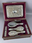 Silver hallmarked Walker & Hall travelling vanity set. Solid silver tray, four silver backed