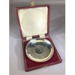 Silver hallmarked Bowl with inset coin, Winston Churchill (diameter 10cm) and 75g and boxed