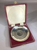 Silver hallmarked Bowl with inset coin, Winston Churchill (diameter 10cm) and 75g and boxed