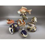 Royal Crown Derby bone china paperweights to include Birds, Dragon, seahorse, fish etc (7)