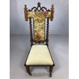 Ornate wooden framed prayer stool / chair with barley twist and ecclesiastical styling, on