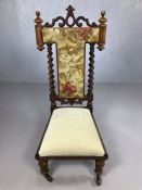 Ornate wooden framed prayer stool / chair with barley twist and ecclesiastical styling, on