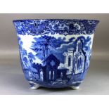 Vintage George Jones blue and white 'Abbey 1790' pattern ceramic three footed planter, approx 17.5cm