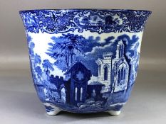 Vintage George Jones blue and white 'Abbey 1790' pattern ceramic three footed planter, approx 17.5cm