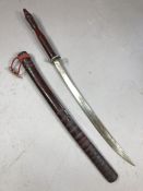 Thai hardwood handled sword, engraved blade, hardwood scabbard, approx 99cm in length (including