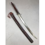 Thai hardwood handled sword, engraved blade, hardwood scabbard, approx 99cm in length (including