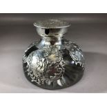 Glass and silver inkwell with repousse panels and Silver hinged lid probably Victorian