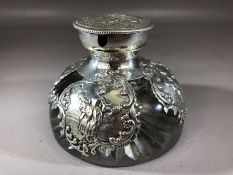 Glass and silver inkwell with repousse panels and Silver hinged lid probably Victorian