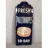 Vintage 'Fresh Palethorpes' Today' enamel advertising sign with white lettering on a blue ground,