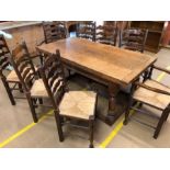 Oak extending refectory table on turned legs with eight chairs (two carvers), unextended approx 80cm