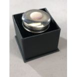 Silver hallmarked round pill box with mother of Pearl setting to lid