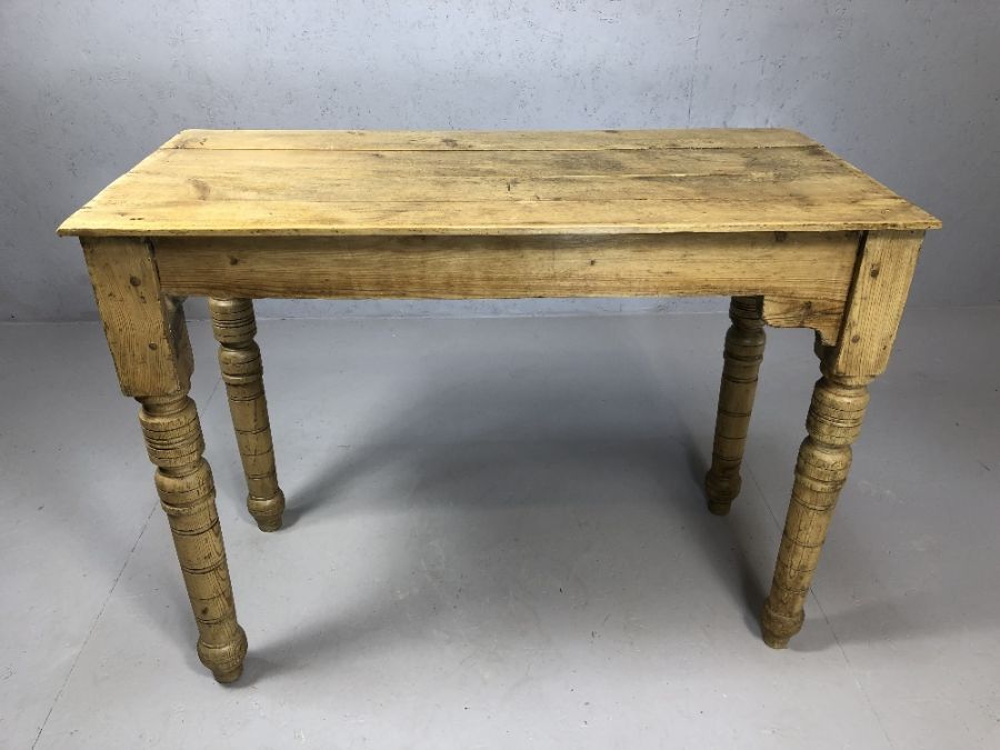 Antique pine occasional / console table, top consisting of four planks, on turned legs, approx 100cm