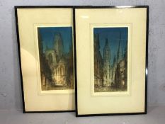 JAMES ALPHEGE BREWER (1881-1946); pair of hand coloured etchings, 'Rue de la Gros Horloge, Rouen'