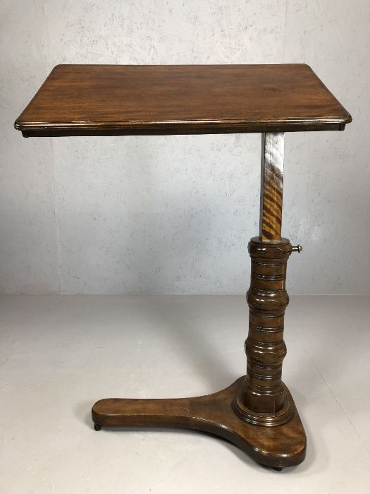 Antique mahogany reading table with adjustable height and tilt mechanism on turned stand with makers - Image 2 of 8