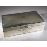 Silver hallmarked cigarette box (engraved to front) approx 15.5 x 9 x 4cm & 354g