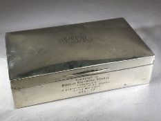 Silver hallmarked cigarette box (engraved to front) approx 15.5 x 9 x 4cm & 354g