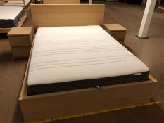IKEA king size light wood bed frame and mattress with two matching bedside cabinets