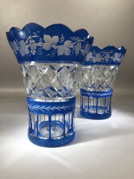 Pair of Bohemian Blue and clear cut Glass vases each approx 18cm tall - Image 3 of 8