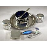 Good collection of silver items to include silver pill box, silver tray, silver Bridport charm,