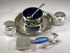 Good collection of silver items to include silver pill box, silver tray, silver Bridport charm,