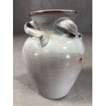 Brannam Barnstaple vase approx 19cm tall Monochrome Grey decoration with three handle round the rim.