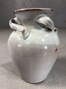 Brannam Barnstaple vase approx 19cm tall Monochrome Grey decoration with three handle round the rim.