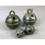 Collection of four Crotal Bells of various sizes. The two larger with makers initials "RM" & "BI"