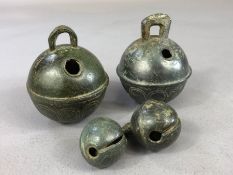 Collection of four Crotal Bells of various sizes. The two larger with makers initials "RM" & "BI"