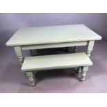 Painted pine kitchen dining table on turned legs with two with two similar bench seats, table approx