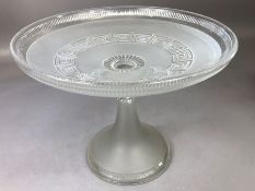 Glass tazza with frosted bowl etched with a Greek key pattern, raised on a circular frosted stem and