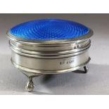 Silver hallmarked circular jewellery box on ball and claw feet with Blue enamel hinged lid
