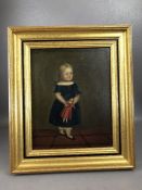 English School, naïve painting of a young girl with doll, oil on canvas, approx 27cm x 22cm