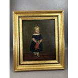 English School, naïve painting of a young girl with doll, oil on canvas, approx 27cm x 22cm
