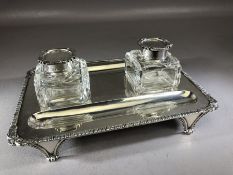 Silver Hallmarked desk set comprising silver Tray raised on tapering feet and with two Glass