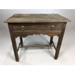Stained pine occasional table with cross stretcher and single drawer, approx 82cm x 51cm x 72cm
