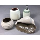 Collection of Poole Pottery twin tone ceramics to include lamp base, ribbed squat vase, freeform