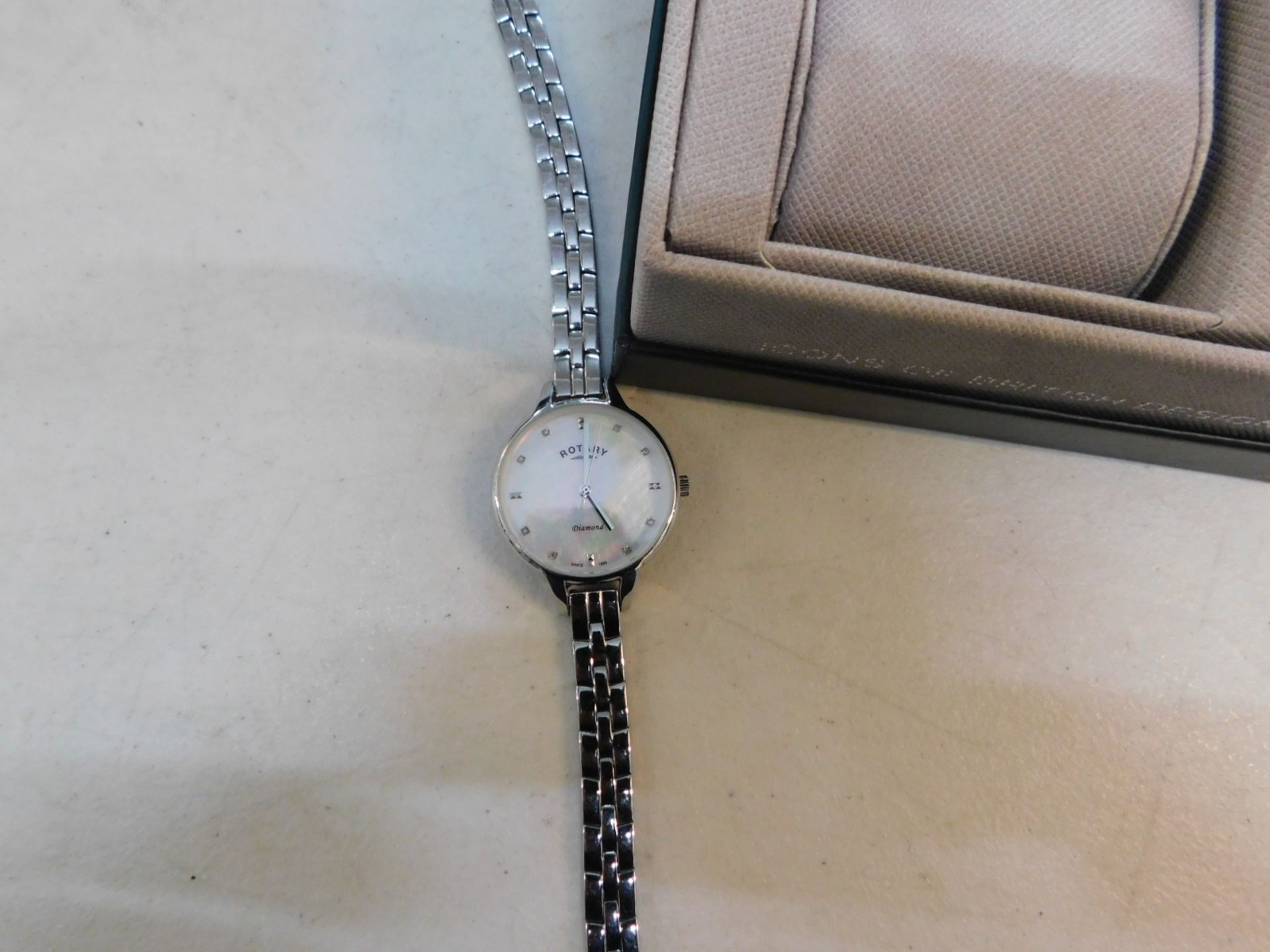 1 BOXED ROTARY LADIES STAINLESS STEEL BRACELET WRIST WATCH WITH DIAMOND ACCENTS MODEL LB00105/41D