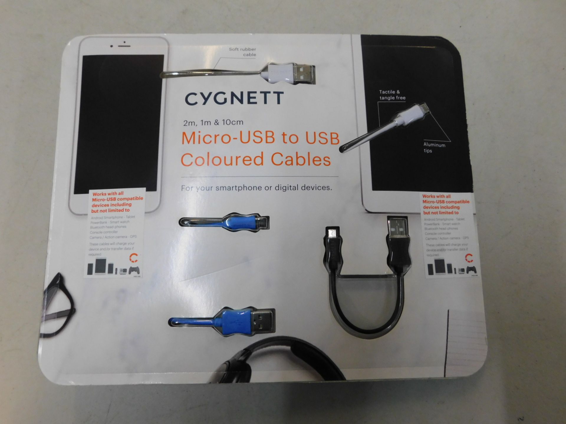 1 BRAND NEW PACK OF 3 CYGNETT MICRO USB TO USB COLOURED CABLES RRP Â£29.99