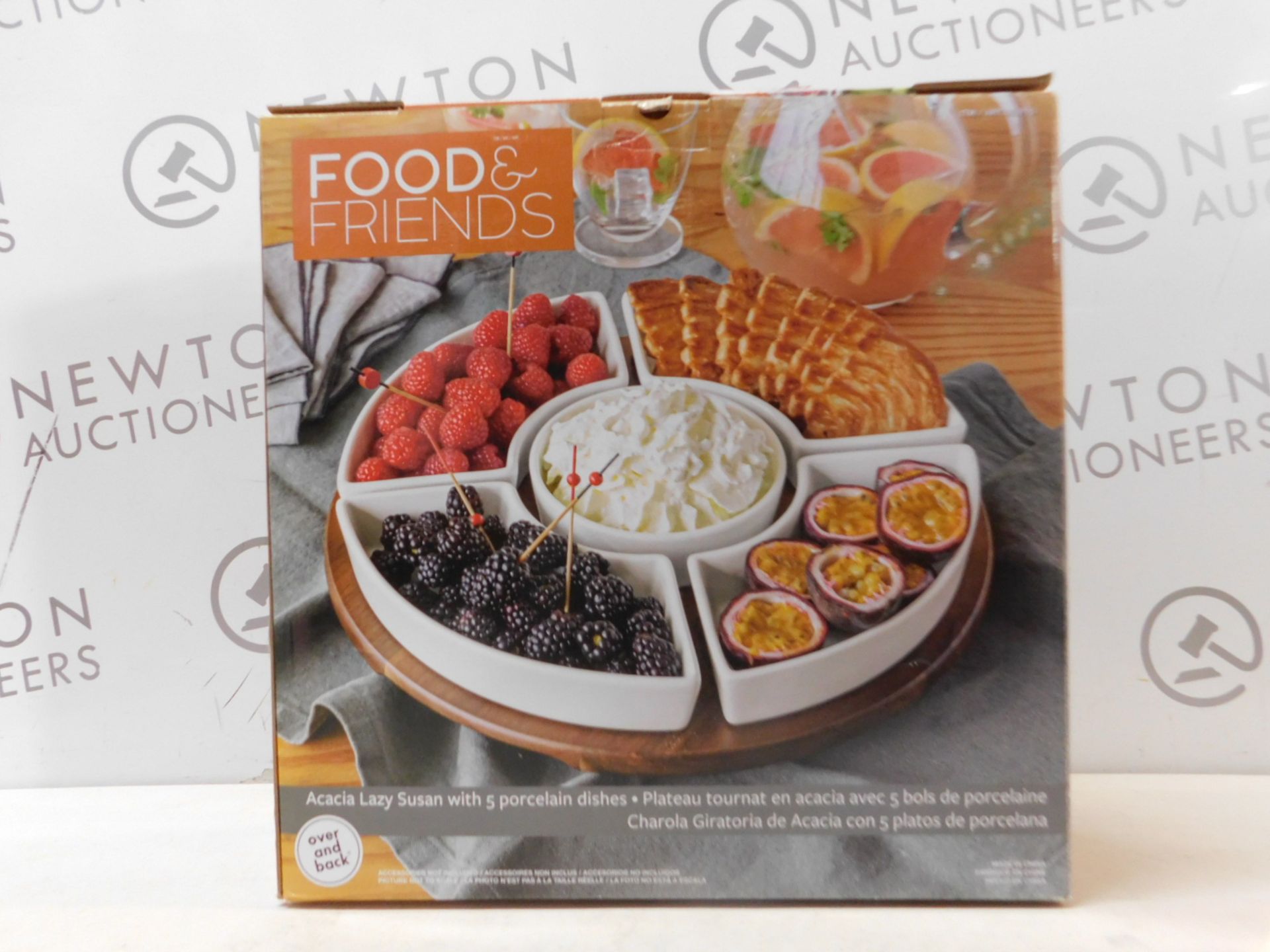 1 BOXED OVER & BACK ACACIA LAZY SUSAN WITH PORCELAIN DISHES SERVING SET RRP Â£39