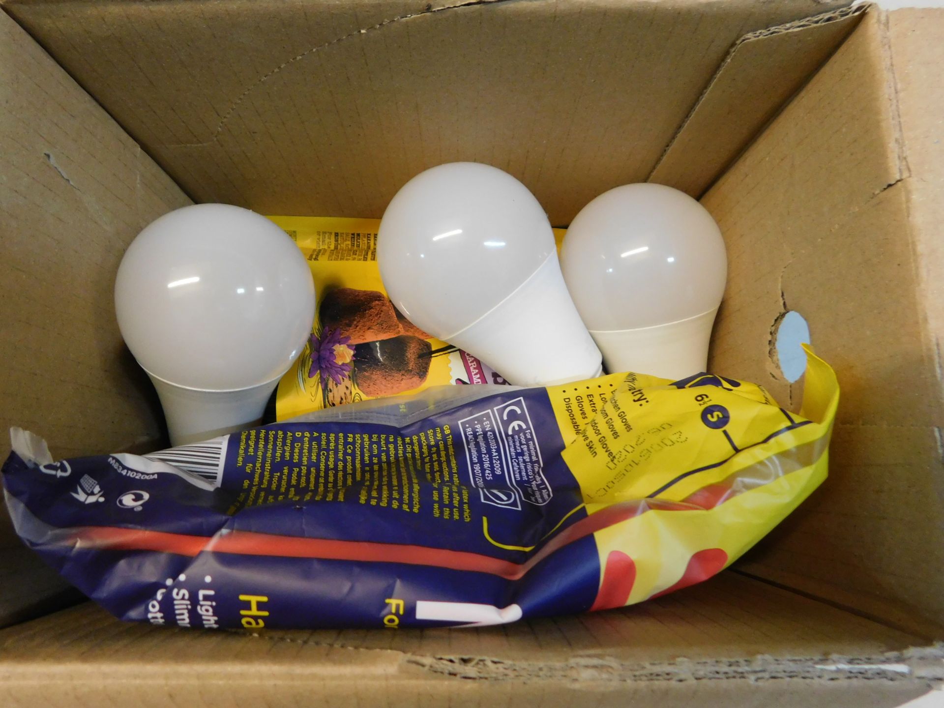 1 ASSORTED BOX OF KITCHEN GLOVES LIGHT BULBS AND TRUFFLE BITES RRP Â£29.99