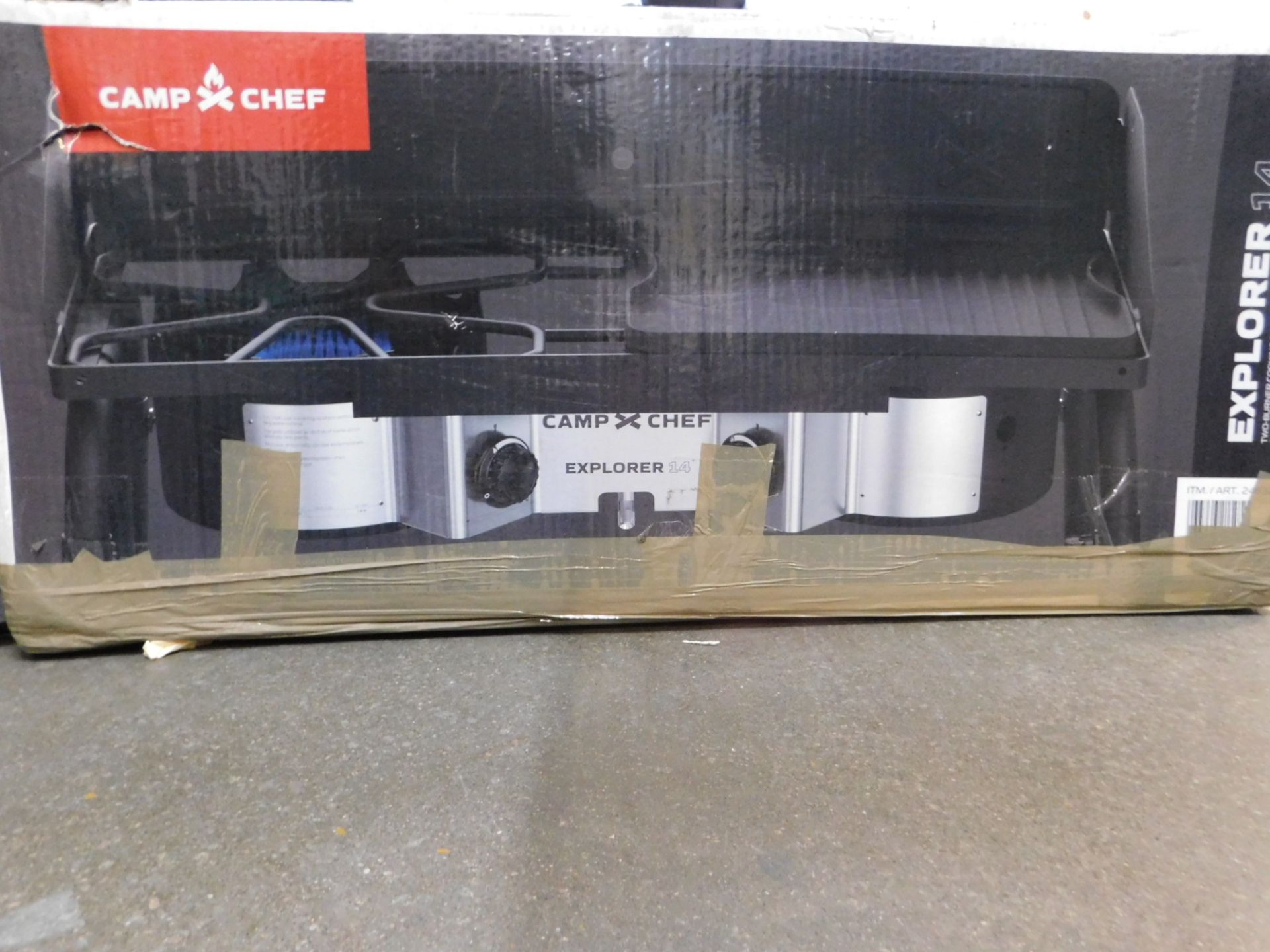 1 BOXED CAMP CHEF EXPLORER 2-BURNER PORTABLE CAMPING STOVE RRP Â£179.99 (HEAVILY USED)