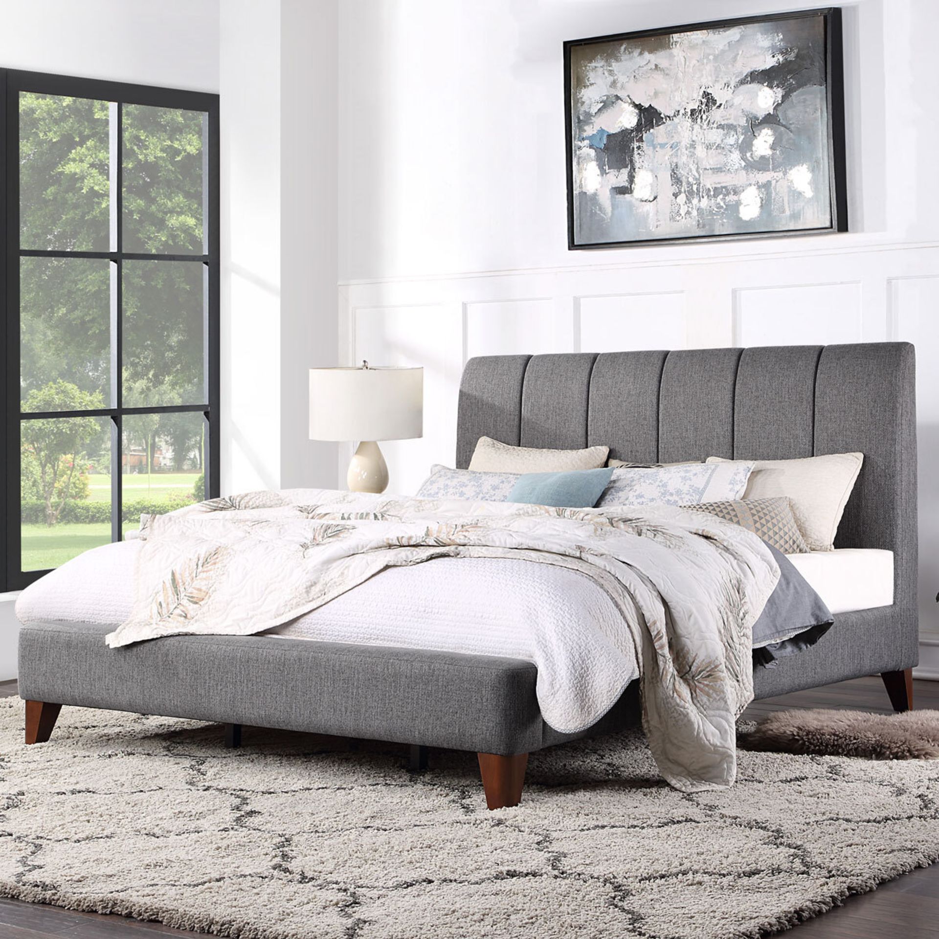 1 NORTHRIDGE HOME GREY UPHOLSTERED BED FRAME, DOUBLE SIZE RRP Â£449 (FRAME THAT HOLDS THE SLATS
