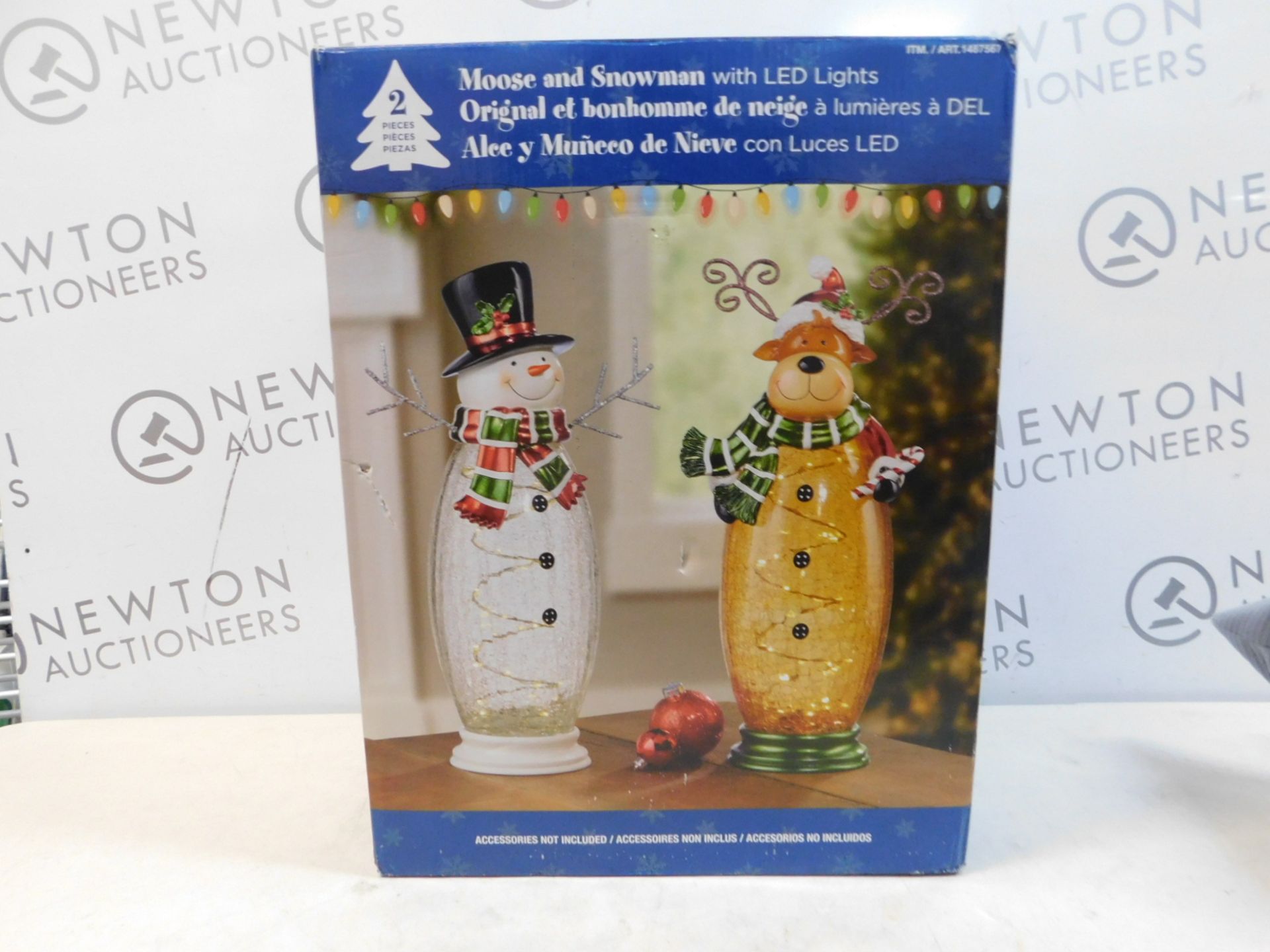 1 BOXED 8 INCHES (41.9CM) INDOOR CRACKLE GLASS SNOWMAN & MOOSE TABLE TOP ORNAMENT WITH 40 LED LIGHTS