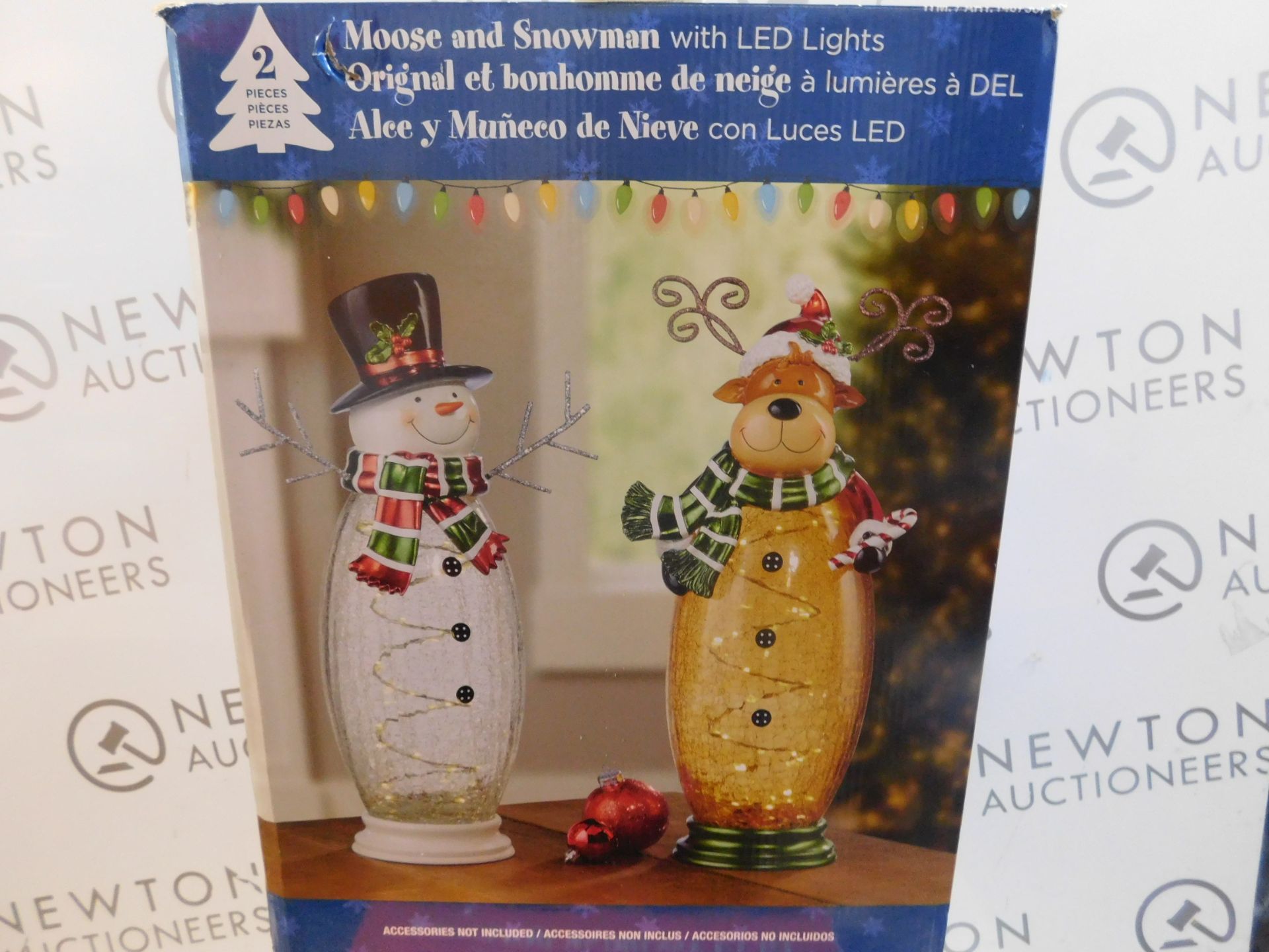 1 BOXED 8 INCHES (41.9CM) INDOOR CRACKLE GLASS SNOWMAN & MOOSE TABLE TOP ORNAMENT WITH 40 LED LIGHTS