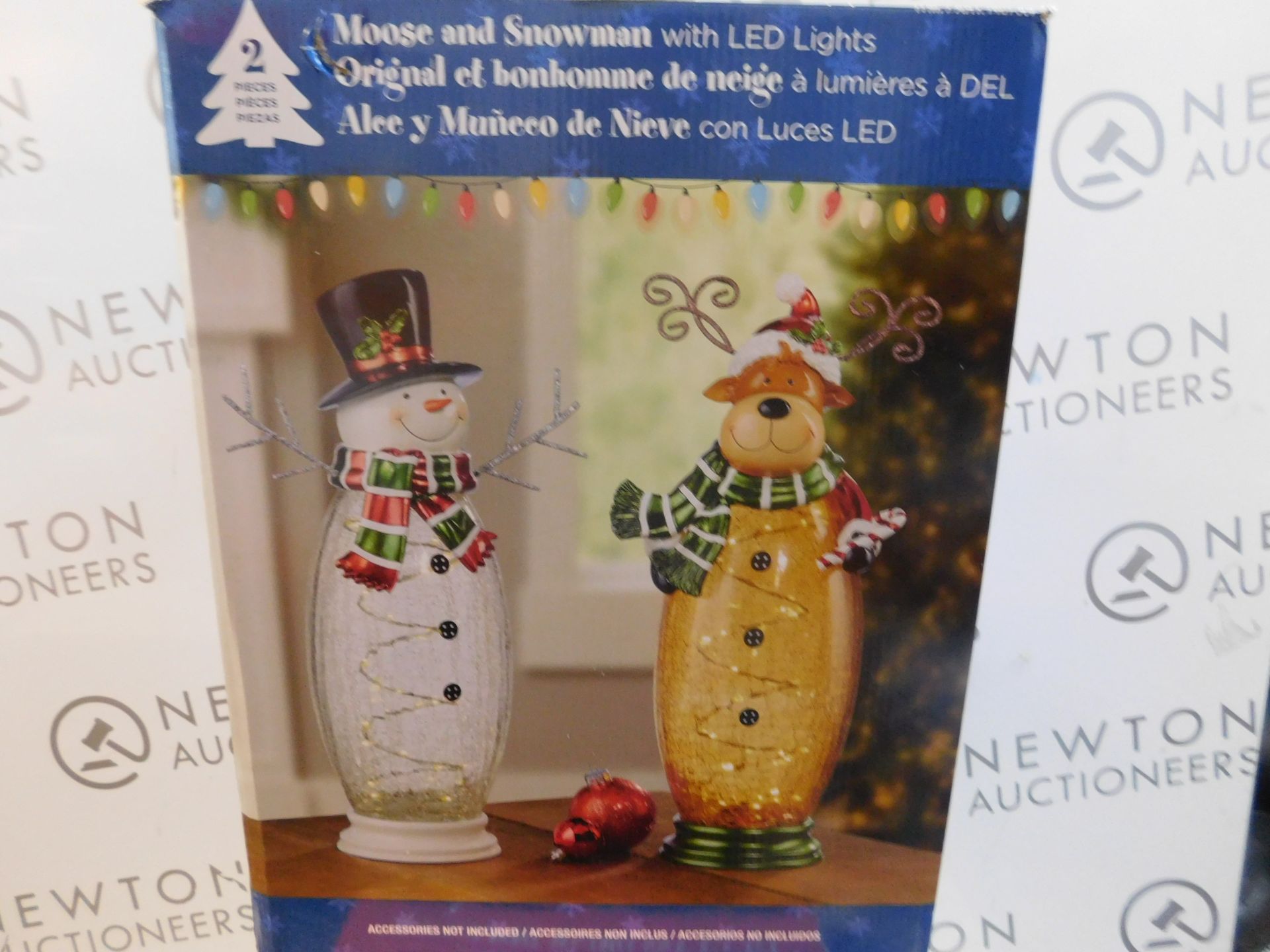 1 BOXED 8 INCHES (41.9CM) INDOOR CRACKLE GLASS SNOWMAN & MOOSE TABLE TOP ORNAMENT WITH 40 LED LIGHTS