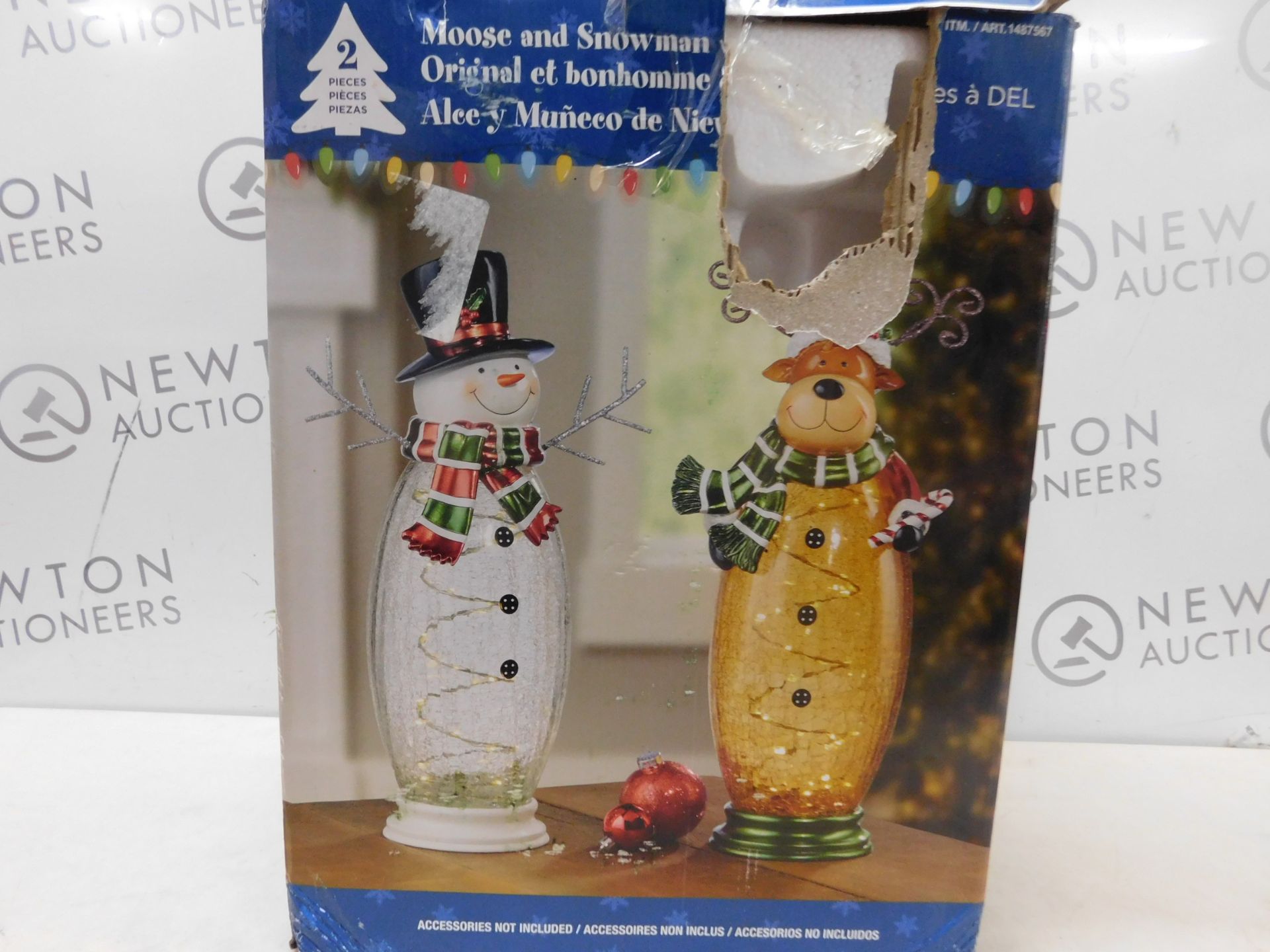 1 BOXED 8 INCHES (41.9CM) INDOOR CRACKLE GLASS SNOWMAN & MOOSE TABLE TOP ORNAMENT WITH 40 LED LIGHTS