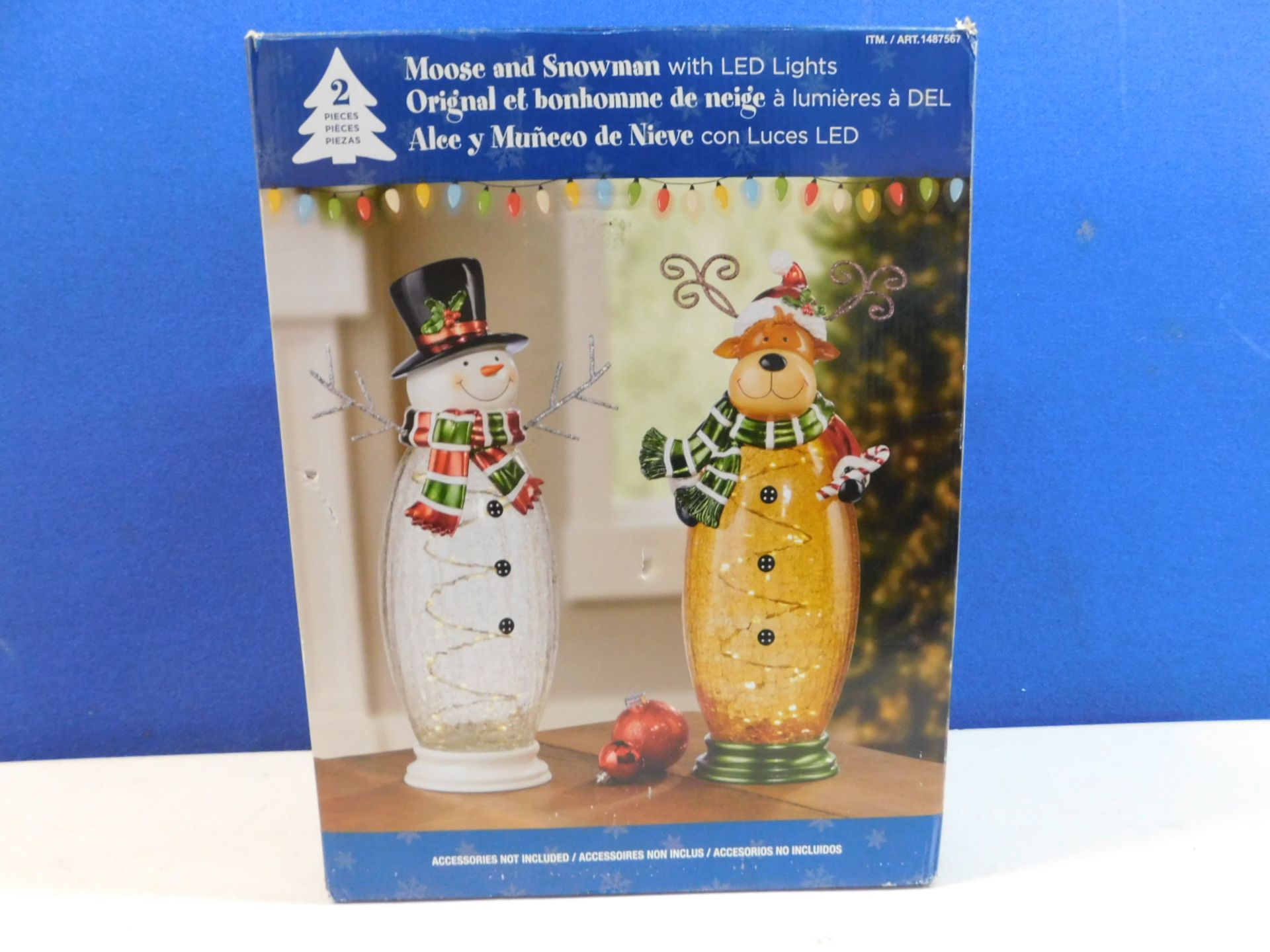 1 BOXED 8 INCHES (41.9CM) INDOOR CRACKLE GLASS SNOWMAN & MOOSE TABLE TOP ORNAMENT WITH 40 LED LIGHTS