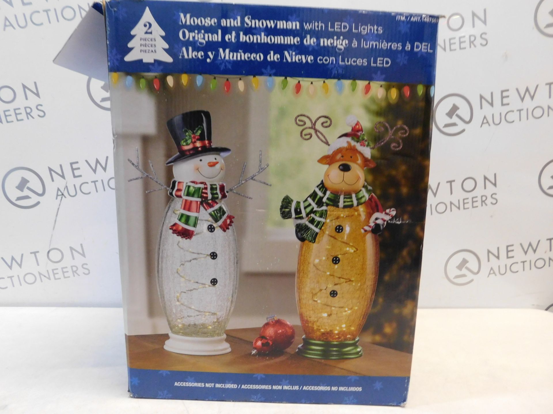 1 BOXED 8 INCHES (41.9CM) INDOOR CRACKLE GLASS SNOWMAN & MOOSE TABLE TOP ORNAMENT WITH 40 LED LIGHTS