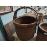 VERY EARLY JAPANESE WOVEN BASKET WITH WRITING TO THE WOODEN HANDLE