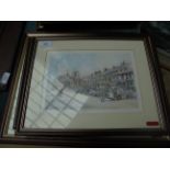 Coloured marine/landscape print signed Tom Harland and 3 others of street scenes signed by the same